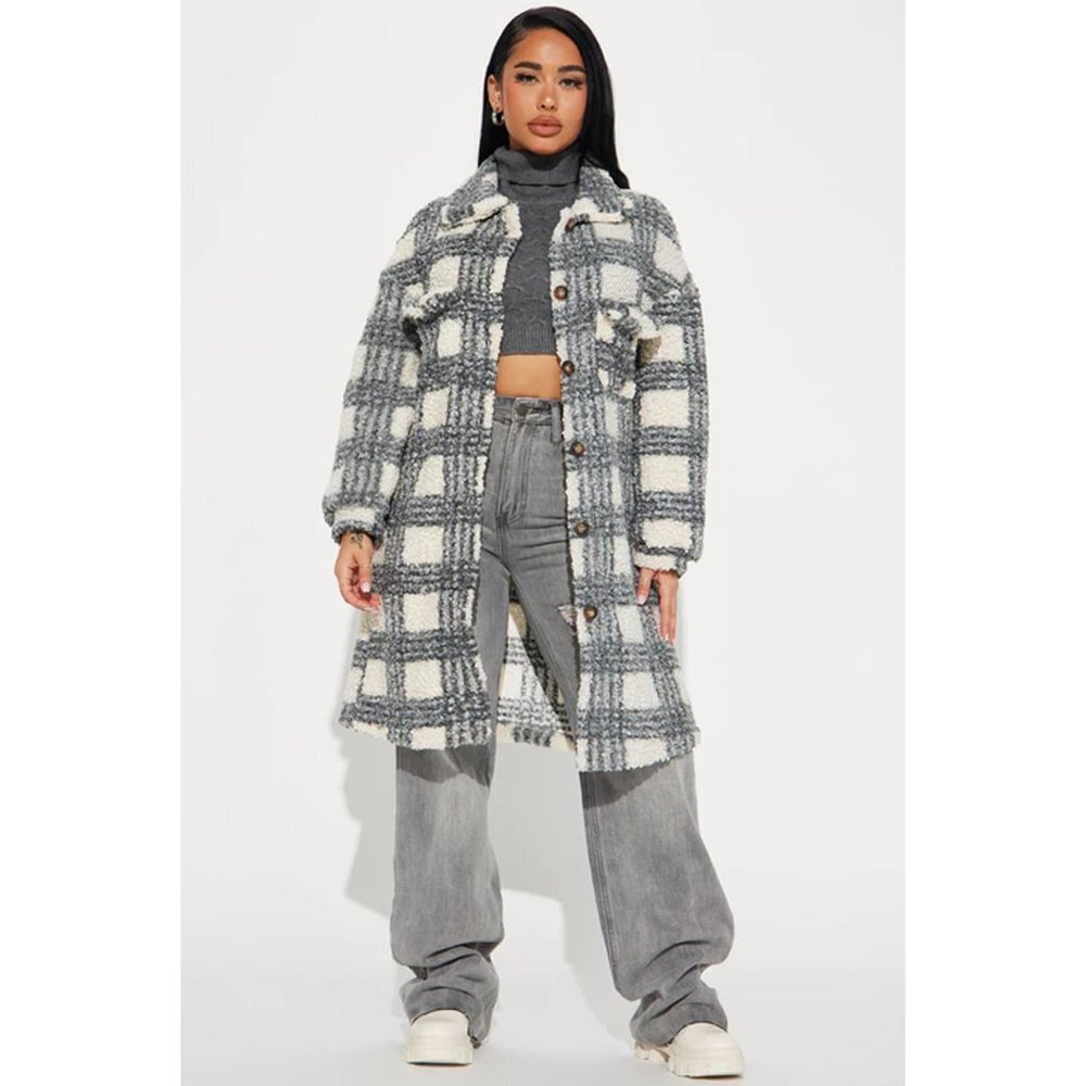 NWT Grace + Emma Plaid Shearling Long Jacket Teddy Sherpa Shacket Gray Cream S/M